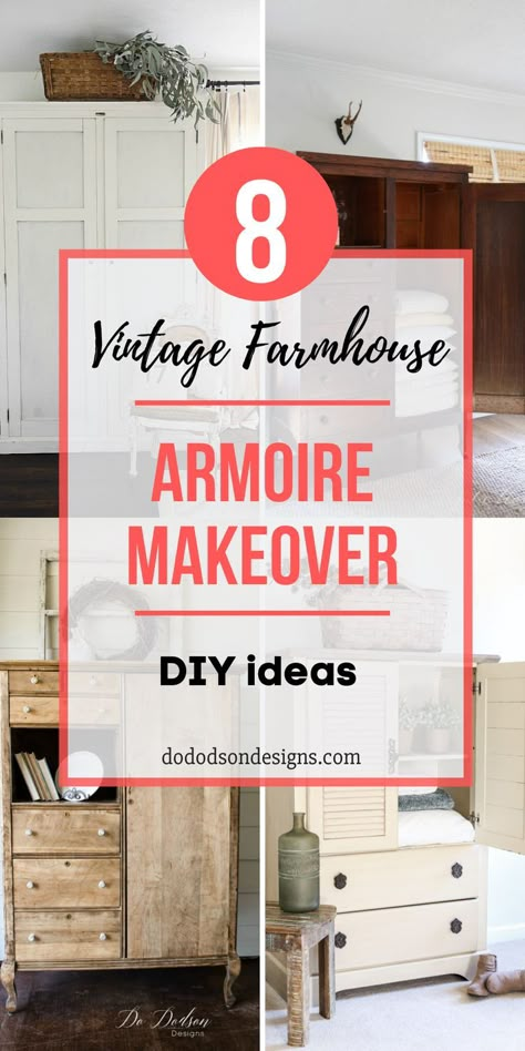 I just LOVE a beautiful armoire makeover, so I'm sharing some of my favorite furniture artists' work all in one place. Inspirational vintage farmhouse ideas for your next DIY furniture project.   #dododsondesigns #armoiremakeover #furnituremakeover #diyfarmhouse #vintagefurnituremakeover Amoire Ideas Furniture Makeover, Diy Armoire Makeover Ideas, Painted Armoire Ideas, Armoire Makeover Ideas, Diy Armoire Makeover, Repurposed Armoire Ideas, Farmhouse Armoire, Rustic Armoire, Transitional Farmhouse Decor