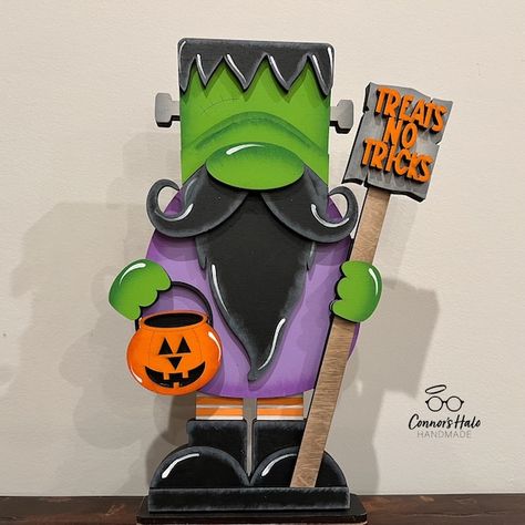 Connorshalohandmade - Etsy Frankenstein Gnome, Autumn Mantle, Fall Tabletop Decor, Halloween Frankenstein, Colorful Halloween, Honey Bee Decor, Frankenstein Halloween, Shelf Table, Whimsical Home