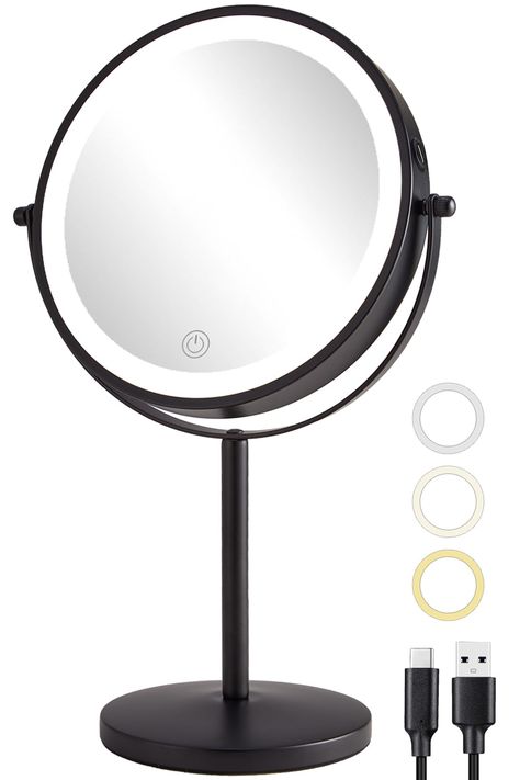 PRICES MAY VARY. Rechargeable & Cordless Design - Our light up mirror is powered by built-in 2000mAh rechargeable battery, which can be charged by charging cable (included). Cordless and detachable design allows you to take it wherever you want to go! Detailed Anti-slip base design at the bottom to prevent tipping over. ALHAKIN lighted mirror will shut off automatically after 30 minutes. 3 Color Lighting & Brightness Adjustment - This lighted makeup mirror built-in 54 LEDS with dimmable 3 Color Mirror For Desk, Light Up Mirror, Mirrors For Makeup, Lighted Makeup Mirror, Face Mirror, Desk Black, Color Lighting, Color Lights, Makeup Desk