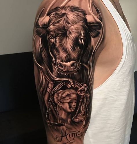 Animal Tattoo Meanings, Upper Arm Tattoos For Guys, Ox Tattoo, Farm Tattoo, Taurus Bull Tattoos, Tato Maori, Bull Tattoo, Ram Tattoo, Cow Tattoo