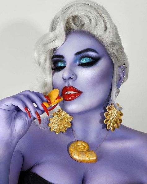 Jazmina Daniel on Instagram: “Ursula Up Close 🐙💜 I made the necklace and her clam lipstick with Model magic and then painted them. Earrings: @regalrose Wig: Amazon just…” Ursella Costume, Ursula Hair Ideas, Ursula Makeup Look, Little Mermaid Adult Costume, Ursula Makeup Halloween, Ursula Costume Makeup, Bayonetta Oc, Ursula Hair, Disney Villains Makeup