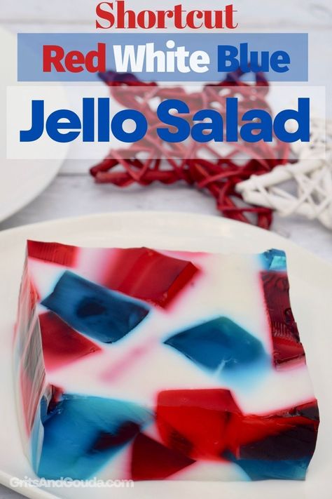 Red White Blue Jello Desserts, Patriotic Jello Desserts, Stained Glass Jello Recipe, 4th Of July Jello Desserts, Blue Jello Salad, Finger Jello Recipe, Red White Blue Jello, Stained Glass Jello, Gouda Recipes