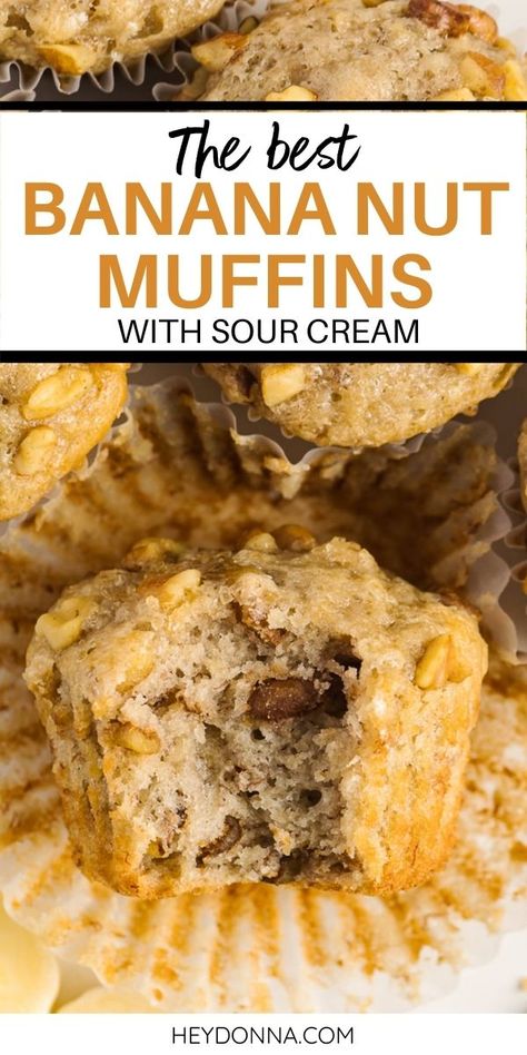 Deliciously soft, these muffins are a family favorite that you'll love! Best Banana Nut Muffins, Sour Cream Banana Muffins, Muffins With Sour Cream, Quick And Easy Banana Bread Recipe, Easy Banana Nut Muffins, Banana Walnut Muffins, Pumpkin Breakfast Recipes, Nut Muffins, Pumpkin Breakfast