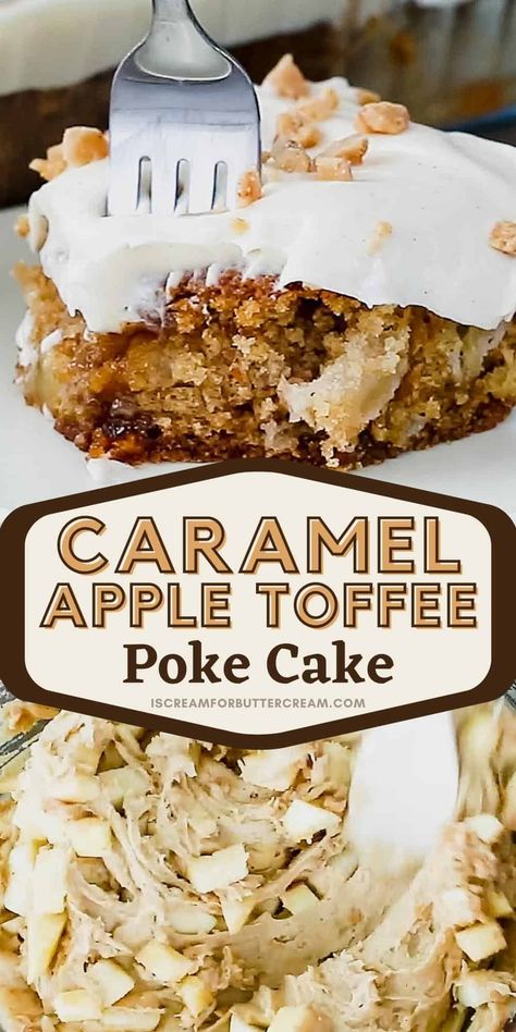 This caramel apple toffee cake is the perfect fall cake. It's a poke cake with apples, caramel and toffee bits all covered with cream cheese frosting. Apple Toffee Cake, Cake With Apples, Apple Poke Cake, Caramel Apple Cake Recipe, Caramel Apple Desserts, Caramel Apples Recipe, Toffee Cake, Fall Cake, Caramel Apple Cake