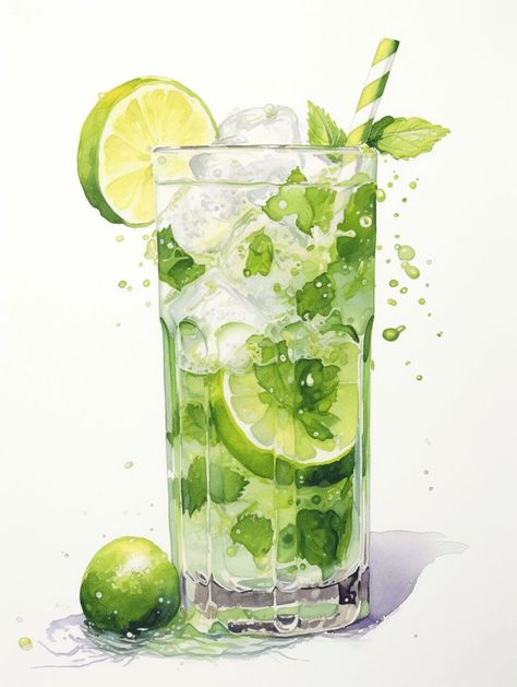 Drink Art Drawing, Mojito Painting, Mojito Watercolor, Mojito Drawing, Lime Drawings, Mojito Illustration, Mojito Aesthetic, Drink Drawing, Food Tattoos