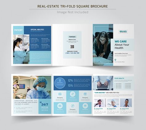 Medical square trifold brochure template... | Free Vector #Freepik #freevector #brochure #template #medical #blue Graphic Design Brochure Layout, Healthcare Brochure, Medical Advertising, Square Trifold Brochure, Booklet Layout, Medical Brochure, 잡지 레이아웃, Yearbook Layouts, Yearbook Pages