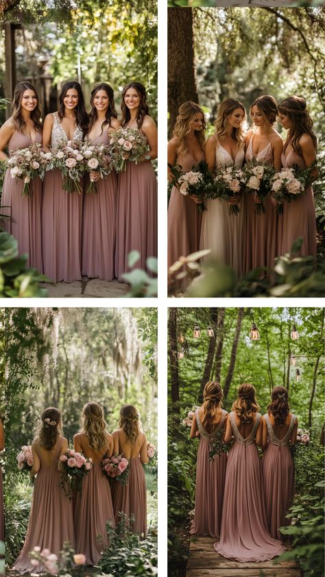 Bridesmaids wearing dusty rose dresses stand in a lush outdoor setting, their elegant gowns complementing the greenery around them and enhancing the wedding's romantic, cohesive aesthetic. October Wedding Dusty Rose, June Wedding Colors Bridesmaid Dress, Bridesmaid Dress Color Ideas, Outdoor Wedding Bridesmaid Dresses, Dark Pink Bridesmaid Dresses, Dusty Mauve Wedding, Bridesmaid Dresses Dusty Rose, June Wedding Colors, Bridesmaid Dress Color Schemes