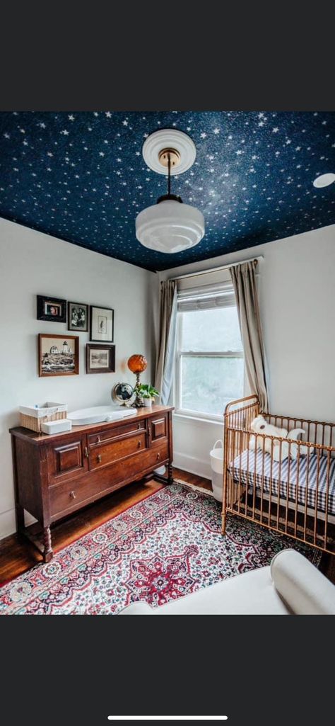 Starry Wallpaper, Nursery Guest Room Combo, Wallpaper On Ceiling, Victorian Nursery, Eclectic Nursery, Nursery Guest Room, 38 Weeks Pregnant, Bright Nursery, Ashley Home