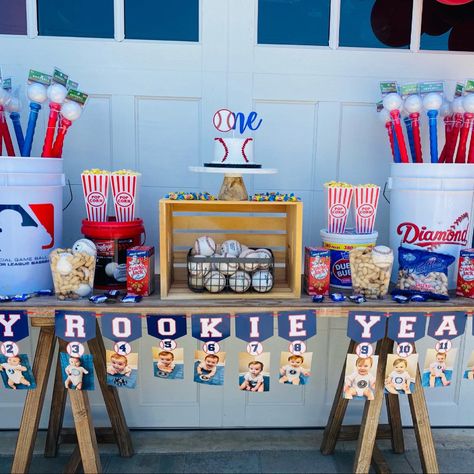 Concession stand baseball party Outdoor Baseball Birthday Party, Baseball Themed First Birthday Centerpieces, Baseball Party Cake Table, Baseball Birthday Table Decor, Rookie Year Dessert Table, Baseball And Soccer Birthday Party, My Rookie Year First Birthday Baseball, Dodgers 1st Birthday Party, Baseball Birthday Party Activities