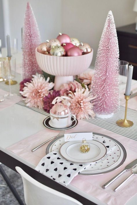 Pink And Silver Christmas Table, Pink Christmas Party, Pink Christmas Table, Blush Christmas, Girly Makeup, Holiday Home Tour, Pink Fall, Christmas Mimosa, Glam Christmas