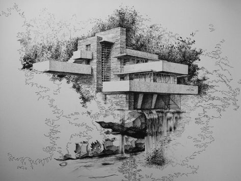 Falling Water House Drawing, Falling Water Sketch, Water Sketch, Falling Water House, Waterfall House, Frank Lloyd Wright Architecture, Architecture Drawing Sketchbooks, Falling Water, Architecture Sketchbook