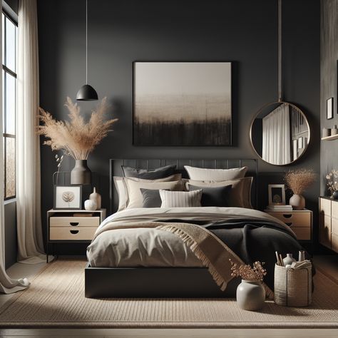 "Design a modern, cozy bedroom with a dark, industrial vibe: King bed with neutral bedding, circular mirror, plants, jute rug." Gray Black Brown Bedroom, Dark And Cozy Bedroom Ideas, Black And White Earthy Bedroom, Black And Wood Theme Bedroom, Sand And Black Bedroom, Scandi Industrial Bedroom, Neutral And Grey Bedroom Ideas, Boho Bedroom Black Accent Wall, Mid Century Industrial Bedroom