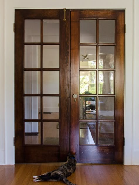 Bringing some wood French doors from the early 1900s back to their former ... French Doors To Office, Glass French Doors Interior, French Doors Office, Old French Doors, Oak French Doors, Wood French Doors, Solid Oak Doors, French Doors Exterior, Glass French Doors