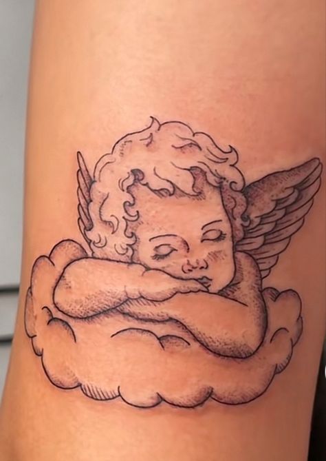 Angel Tattoo With Clouds, Cherub Tattoo Designs For Women, Angel Cloud Tattoo, Angel Sleeping On Cloud Tattoo, Angel In Clouds Tattoo, Two Cherubs Tattoo Simple, Cherub Baby Tattoo, Cherub On Cloud Tattoo, Angel Holding Flowers Tattoo