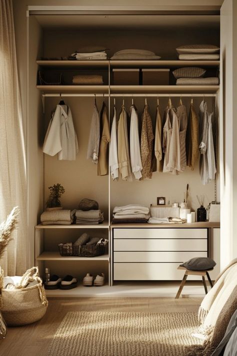 Style an open closet concept that’s both functional and aesthetically pleasing for your bedroom. #OpenCloset #BedroomDesign #ModernStorage Closet Designs Apartment, Walk In Closet Small Room, Bedroom Without Wardrobe, Two Closets In One Room Ideas, Exposed Closet Ideas, Open Closet Ideas Bedroom, Doorless Closet Ideas, Room With No Closet, No Closet Solutions Bedroom