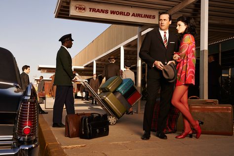 Taking Flight. Mad Men Season 7 #SmallScreenStyle Airport Photoshoot, John Slattery, Don Jon, Jessica Pare, Jessica Lee, Milton Glaser, Mad Men Fashion, Don Draper, Jon Hamm