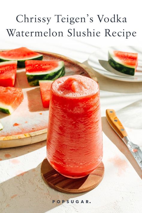 Watermelon Slushie Recipe Alcohol, Boozy Watermelon, Watermelon Slushies, Watermelon Slushie Recipe, Vodka Watermelon, Watermelon Slush, Chrissy Teigen Recipes, Drinks On The Beach, Watermelon Cubes