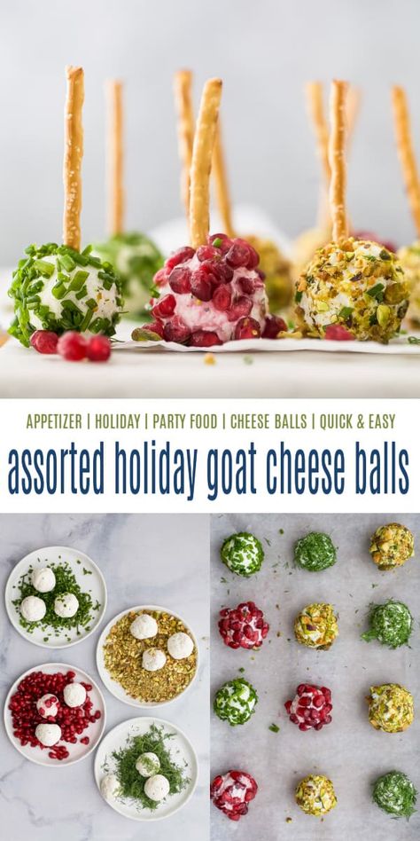 This easy no-bake recipe makes creamy, tangy Goat Cheese Balls with four yummy topping variations – fresh dill, chives, pistachios and pomegranate seeds! With mini pretzel sticks acting as edible toothpicks, they're the perfect appetizer for any special occasion. #appetizer #partyfood #christmasfood #cheeseballrecipe #cheeseballs #goatcheese #minicheeseballs Party Appies, Snowman Recipes, Goat Cheese Balls, Cheese Ball Bites, Goat Cheese Appetizer, Baked Goat Cheese, Tiny Foods, Holiday Appetizers Easy, Cocktail Party Food