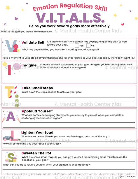 DBT VITALS Worksheet – Mental Health Center Kids Self Validation Activities, Dbt Cheat Sheet, Dbt Skills Activities, Meditative Activities, Teen Therapy Activities, Therapy Strategies, Dbt Skills Worksheets, Dbt Activities, Coping Toolbox