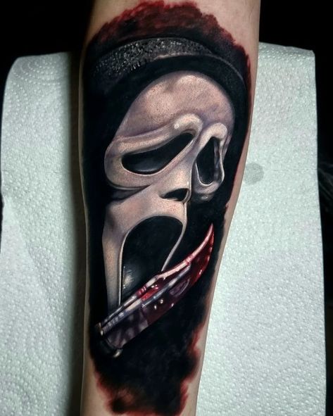 Horror Movies Tattoos Ideas, Ghost Face Tattoo Sleeve, Horror Back Tattoo, Dark Horror Tattoo Designs, Ghostface Tattoo Drawing, The Shining Tattoo Ideas, Ghostface Sleeve Tattoo, Scream Face Tattoo, Scream Tattoo Ghostface Sleeve