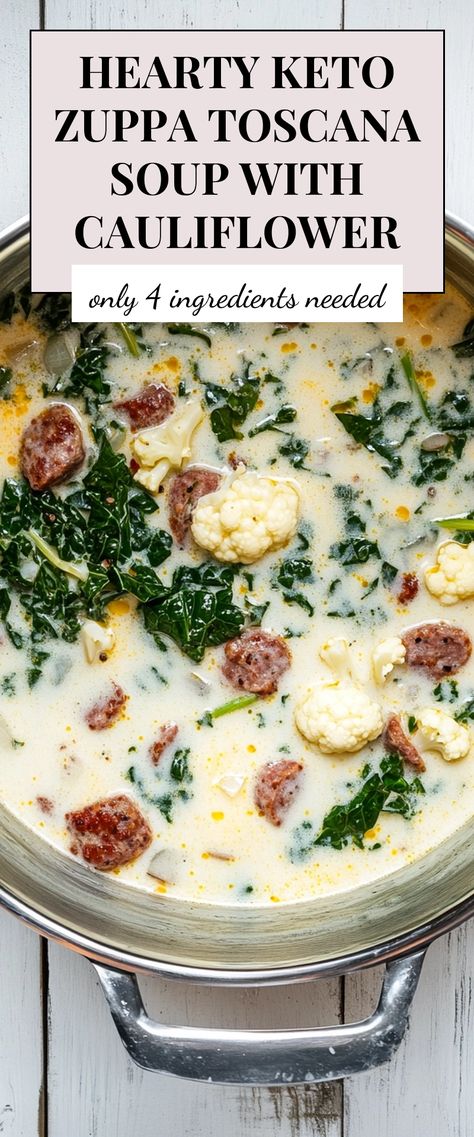 Image for Hearty Keto Zuppa Toscana Soup with Cauliflower Keto Tortalini Soup, Kale And Chicken Soup Recipes, Hearty Low Carb Soup, Healthy Keto Soups, Keto Dinner Recipes Soup, Thm Zuppa Toscana Soup, Sausage Keto Soup, Loaded Cauliflower Soup Crockpot, Keto Soup For Colds