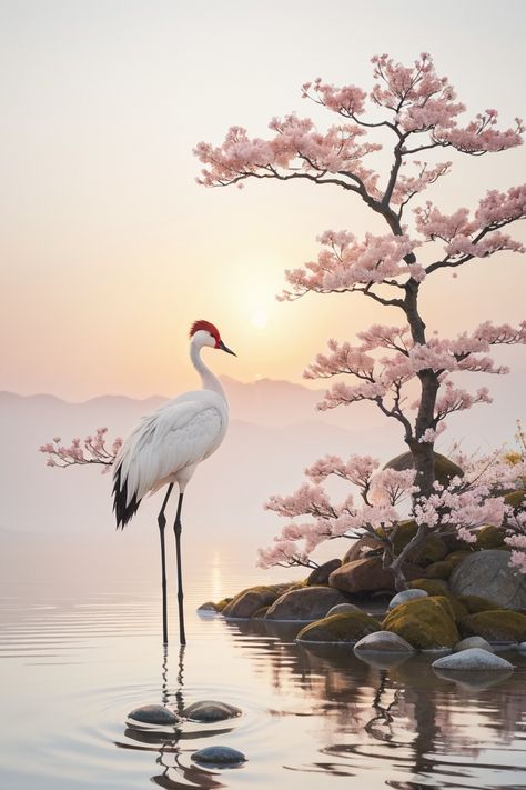 Japanese Crane Photography, Asian Birds, Zen Wallpaper, Japanese Cranes, Sakura Blossoms, Japanese Crane, Japanese Sakura, Japanese Zen, Golden Background