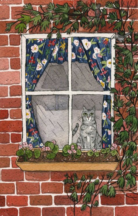 Dog In Window Illustration, Cat In Window Watercolor, Cat Window Drawing, Cat Window Illustration, Cat In Window Drawing, Window Sill Drawing, Window Drawing Ideas, Window Illustration, Window Drawing