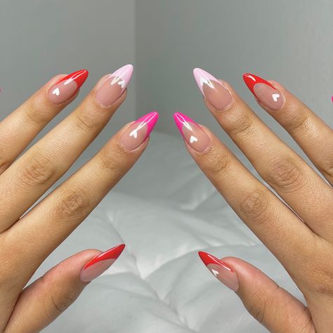 Pink nails | vday | valentines day | almond nails | hearts | nail inspo Trendy Valentines Day Nails Pink And Red, Valentines Day Nails Pointy, Valintens Nail Ideas Pink And Red, Pink Stiletto Valentines Nails, Pink Nail Red Heart, Vday Nails, Valentine Nail Art, Pointed Nails, Nail Length