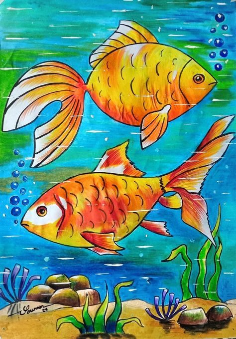 Fish Scenery Drawing, Senary Drawing Kids, Drawing For Class 2 Students, Kids Oil Pastel Drawing, Oil Pastel Drawings Easy For Kids, Underwater Art Drawing, Drawing For Kids Easy Children, Oil Pastel Drawing For Kids, Fish Oil Pastel