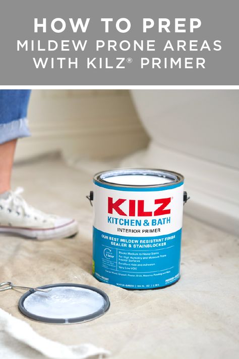 You’ve picked out the perfect paint color. Now it’s time to prep your walls to protect your brand new paint job with KILZⓇ KITCHEN & BATH Interior Primer. Before you even start painting, add a coat of primer to protect your home against mildew damage, staining, previous colors, and more. Click below to learn how to prep mildew-prone areas like a pro. Kilz Paint, Kilz Primer, Water Based Primer, Baths Interior, Best Primer, Start Painting, Tuscan Design, Paint Primer, Dark Interiors