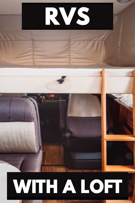 RVs With A Loft (Including 7 Examples) - Vehicle HQ #VEHQ.com #VEHQ #RV #rvlife #automotive Rv Loft Bed, Rv Loft Bed Remodel, Rv Over Cab Bed Ideas, Class C Rv Over Cab Storage Ideas, Rv Loft Bed Ideas, Rv Loft Ideas, Small Camper Interior, Foldable Dining Table, Motorhome Interior