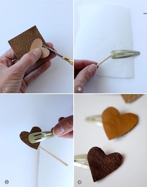 Diy Leather Gifts, Leather Hair Clips, Hair Pins Diy, Heart Hair Clips, Leather Hair Accessories, Diy Earrings Easy, Leather Scrap, Leather Heart, Leather Scraps