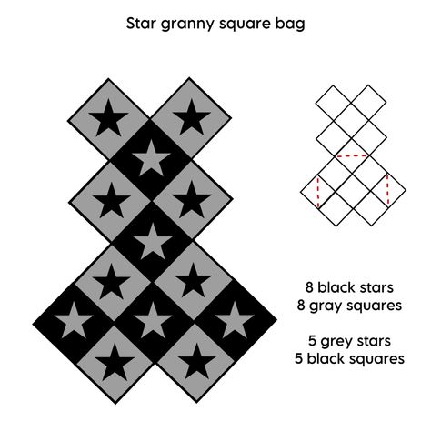 Star Crochet Bag Granny Square, Free Star Granny Square Pattern, Crochet Sack Bag, Crochet Star Square Pattern, Emo Crochet Bag, Star Tapestry Crochet, Star Bag Crochet Pattern Free, How To Crochet A Star Granny Square, 13 Granny Square Bag