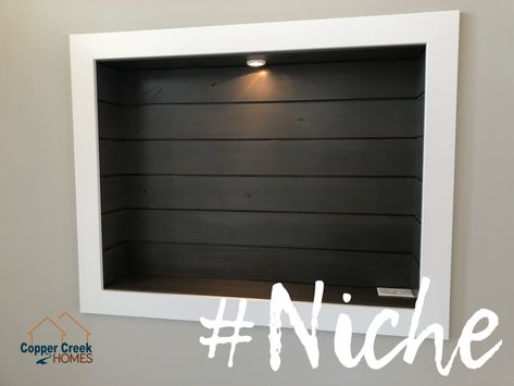 Shiplap Niche Wall, Niche Entryway, Rustic Niche Ideas, Recessed Cubbies, Diy Recessed Wall Niche, Wall Niche Vases, Niche Ideas, Ship Lap, Puck Lights