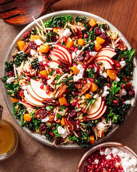 Crisp and sweet vegan fall harvest salad with apples, kale and roasted squash. Ideal for a light Thanksgiving side or a nourishing fall lunch! Vegan Thanksgiving Sides, Vegan Dinner Rolls, Fall Harvest Salad, Fall Lunch, Salad With Apples, Thanksgiving Potluck, Harvest Salad, Toasted Pumpkin Seeds, Vegan Sausage