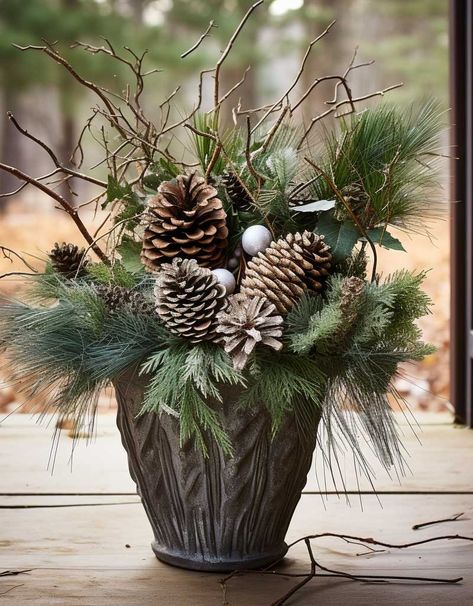 Christmas Front Porch Pots & Planters, How To Make A Winter Planter, Diy Winter Porch Pots, Holiday Pots Outdoor, Outdoor Winter Pots Decorating Ideas, Porch Pots Winter, Winter Urns Front Doors, Fall Winter Flower Arrangements, Pine Porch Pots