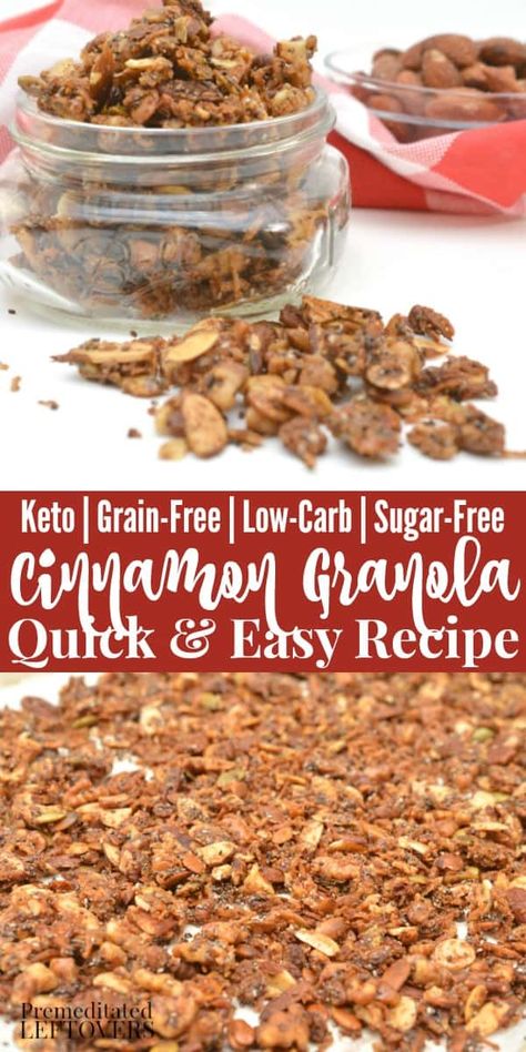 Gluten-Free Cinnamon Granola Recipe is a quick and easy breakfast recipe. It is also a grain-free, sugar-free, low-carb, keto breakfast recipe idea. It includes substitutions to make it dairy-free as well. Cinnamon Granola Recipe, Gluten Free Granola Recipe, Sugar Free Granola, Keto Cereal, Low Carb Granola, Cinnamon Granola, Keto Granola, Easy Breakfast Recipe, Gluten Free Granola