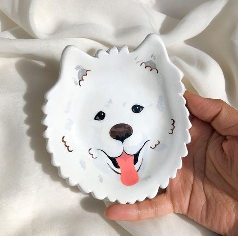 Dog Trinket Dish, Air Dry Clay Gifts For Men, Dog Clay Art, Air Dry Clay Dog, Dog Clay, Clay Jewellery Holder, Dogs Products, Clay Trinket Dish, Samoyed Dog