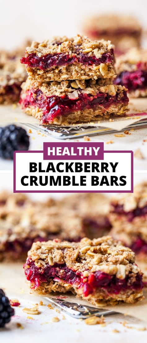 Healthy Blackberry Crumble Bars made with whole grains and lightly sweetened with coconut sugar and maple syrup. These easy homemade bars are a nutritious option for breakfast on-the-go or an afternoon snack. #healthysnacks #blackberryrecipes #blackberrybars #blackberrycrumble #healthybreakfast #mealprepbreakfast #snackideashealthy via @https://www.pinterest.com/jamievespa/ Light Desserts Recipes Easy Healthy, Healthy Breakfast Crumble, Healthy Blackberry Desserts, Blackberry Healthy Recipes, Light Healthy Desserts, Blackberry Breakfast Recipes, Blackberry Dessert Recipes Healthy, Blackberry Oatmeal Bars, Blackberry Protein Recipes