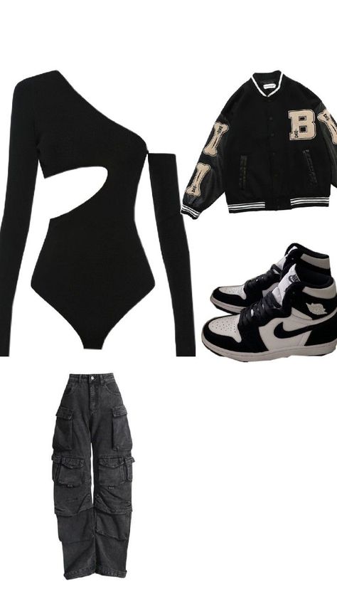 "This visual pin showcases a stylish and edgy streetwear outfit for plus size women. The centerpiece is an asymmetric black bodysuit with a unique cut-out design, adding a bold touch. Bodysuit And Cargo Pants, Plus Size Streetwear Fashion, Trendy Cargo Pants, Edgy Outfit, Plus Size Streetwear, Edgy Streetwear, College Days, Black And White Sneakers, White Bodysuit