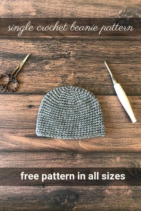 Single Crochet Beanie, Basic Crochet Hat, Crochet Beanie Hat Free Pattern, Beanie Hat Crochet Pattern, Beanie Pattern Free, Easy Crochet Hat Patterns, Crochet Beanie Pattern Free, Crochet Hat For Beginners, Grey Crochet