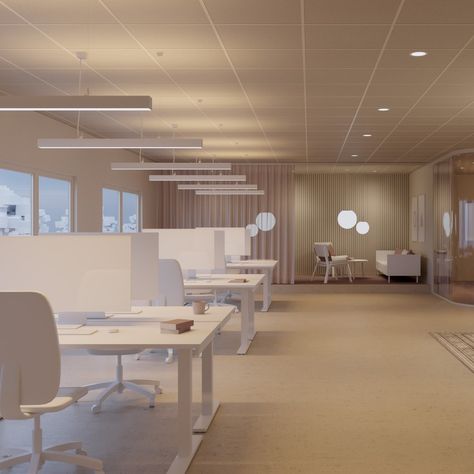 Lighting solutions in open-plan offices vary based on staff and organizational needs. However, it's crucial that workspaces have a minimum light level of 500 lx, while lighting in other areas should complement the main workspace conditions. Creating flexible, comfortable environments where people can collaborate effectively is key. The aim is to ensure all staff have the ideal conditions for productivity and enjoyment, regardless of their role, age, or location in the room. Explore more abo... Open Plan Office, Office Solutions, Indirect Lighting, High Table, Office Lighting, Lighting Guide, Task Lighting, In The Room, Emergency Lighting