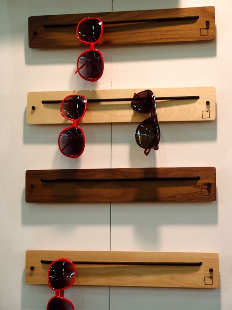 Eye Glass Display Ideas, Sunglasses Shelf Diy, Safety Glasses Storage, Sun Glass Holder, Wooden Sunglasses Holder, Eye Glass Storage Ideas, Sun Glass Storage Ideas, Eye Glasses Storage Ideas, How To Store Sunglasses