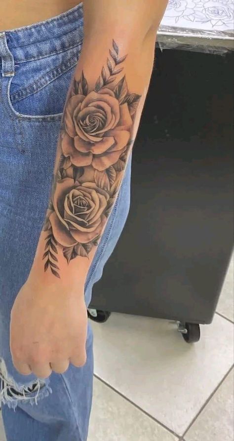 Half Sleeve Rose Tattoo, Lower Arm Tattoos, Rose Tattoo Forearm, Outer Forearm Tattoo, Realistic Rose Tattoo, Arm Sleeve Tattoos For Women, Rose Tattoo Sleeve, Rose Tattoos For Women, Hand Tattoos For Girls