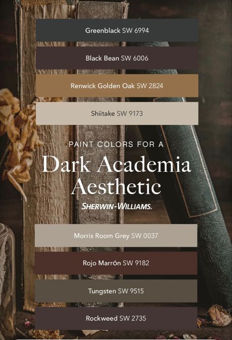 Dark Academia Colors, Zyla Palette, Dark Academia Color Palette, Dark Academia Painting, Dark Academia Color, Paint Color Swatches, Dark Academy, Color Design Inspiration, Bathroom Color Schemes