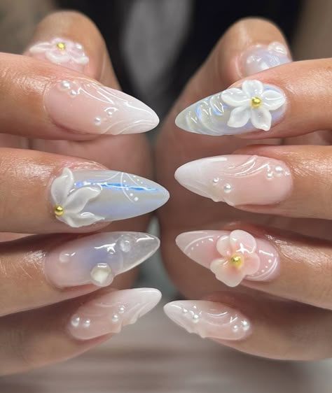 Blue Vacation Nails, Vacation Nails Almond Shape, Nails Festival, Island Nails, Shell Nails, Nails Vacation, Summer Acrylic, Nails 3d, Aesthetic Floral