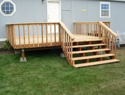 Mobile Home Stairs Ideas, Home Decks And Porches, Mobile Home Decks, Mobile Home Decks And Porches, Mobile Home Steps, Mobile Home Porches, Mobile Home Deck, Manufactured Home Porch, Mobile Home Exteriors