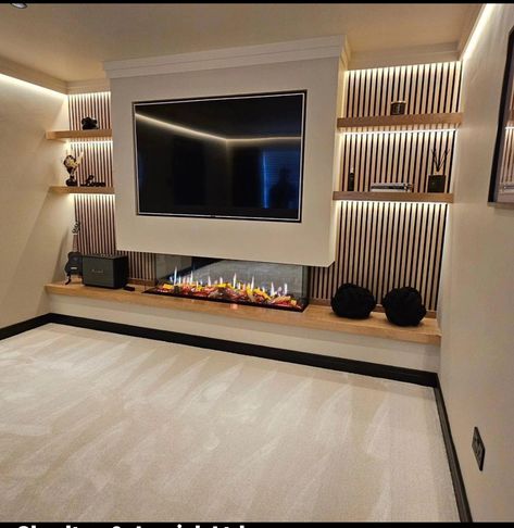 Media Wall With Lights, Media Wall No Fire, Modern Media Wall With Fireplace And Tv, Tv Unit Wooden Design, Corner Media Wall, Media Wall Design Modern, Home Corner Decor Ideas, Media Wall With Fireplace And Tv, Media Wall Ideas With Fireplace