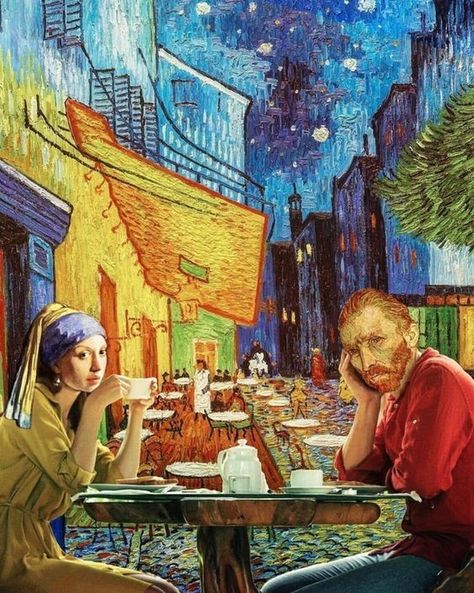 Coffee time: Vincent van Gogh "Terrasse des Cafes an der Place du Forum in Paris" ~.~ Kunst Collages, Iconic Artwork, Arte Van Gogh, Art Parody, Johannes Vermeer, Van Gogh Art, Tableau Art, Wall Art Sign, Funny Art