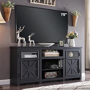 JXQTLINGMU TV Stand for 75 inch TV, Farmhouse TV Stand with Storage for Living Room, Entertainment Center, TV Console, Rustic (Black) Tv Stand Farmhouse, Black Entertainment Center, Farmhouse Whimsy, Farmhouse Style Tv Stand, Rustic Tv Console, Tv Stand Set, Farmhouse Tv, Modern Tv Cabinet, Modern Entertainment Center